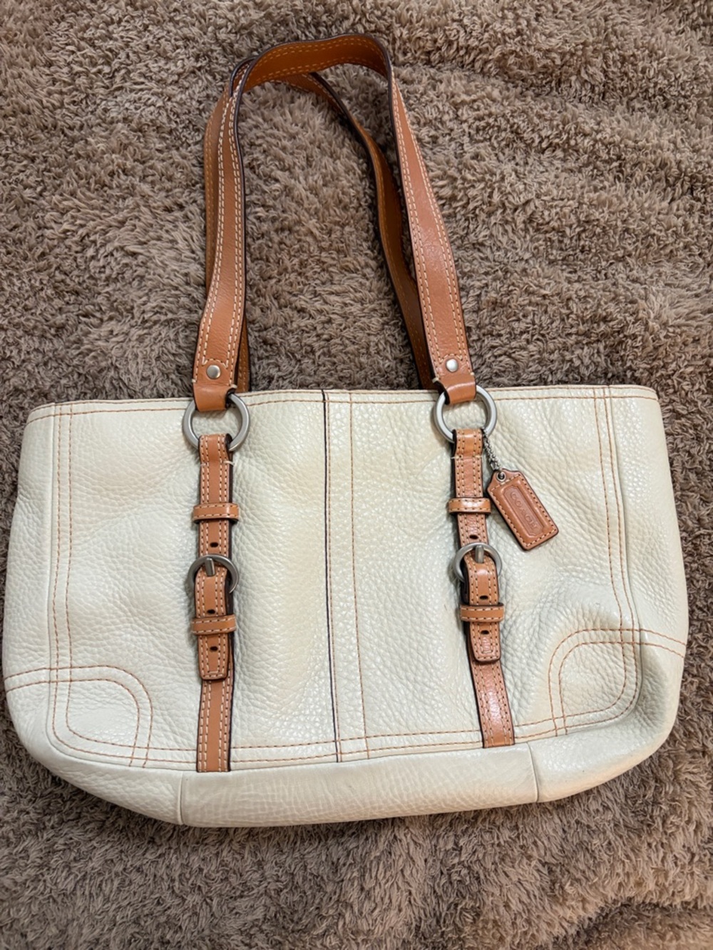 Coach Women's Cream Leather Tote with Tan Trim